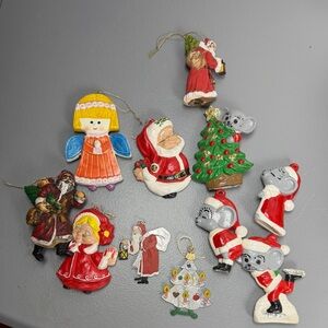 Lot of 11 Vintage 1970's 1980's Ceramic Hand Painted Christmas Tree Ornaments